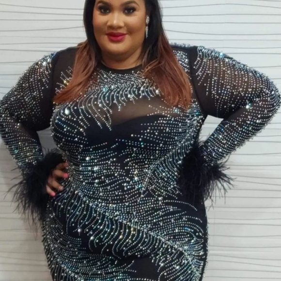 Fashion Nova Plus Size Feather Trim Beaded Sheer Mesh Dress - Picture 15 of 15